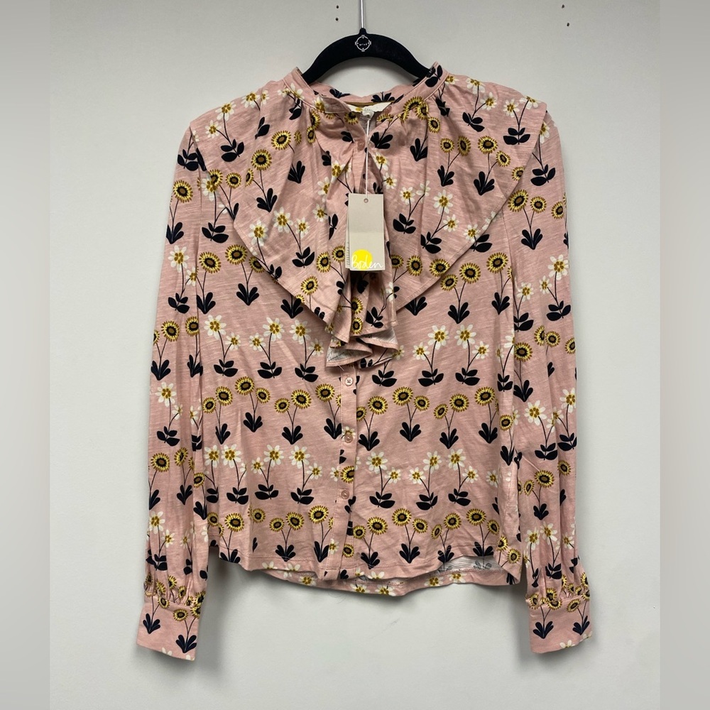 NWT Boden Dusty Rose Floral Ruffle Front Shirt Size 6R - Picture 3 of 10